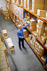 Poster - Tablet, boxes or above of man in factory for delivery order, storage or stock in warehouse for website. Printing, mature manager or supply chain inspection for cargo, package or wholesale shipping
