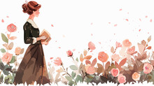 Victorian Lady In A Rose Garden Watercolor Flat Vector
