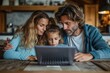 © VICHIZH - Family bonding at home Parents and children gathered around a tablet on a wooden table in the living room
