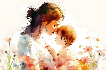 Wall Mural - mother with her little child, flower in the background,