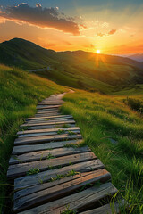 A wooden path through beautiful green hills during sunset