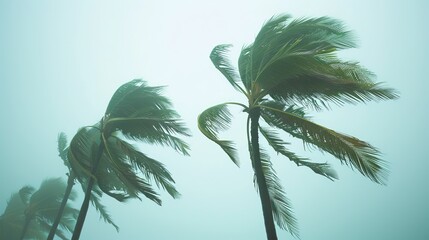 Coconut palm trees being blown by strong winds in a tropical storm under an overcast sky.