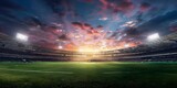 Fototapeta Panele - Panoramic highdefinition image of a cricket stadium showing the contrast between daylight and evening atmosphere under stadium lights. Concept Cricket Stadium, Daylight vs Evening