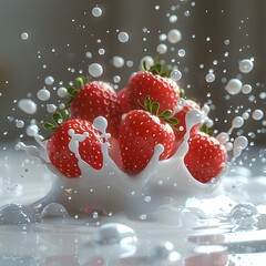 Wall Mural - Fresh Strawberries Splashing in Milk, Vibrant Red Against White. Perfect for Food Blogs and Healthy Eating Themes. AI