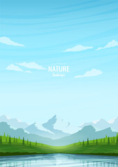 Wall Mural - A green valley with trees near a river or lake. Mountains against a clear blue sky. Sunny spring day in the mountains. Design for poster, wallpaper, postcard, book, cover. Vector image.