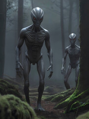 Scary Aliens Exploring A Forest On Planet Earth Cinematic Image Style