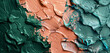 : A detailed photograph of an abstract palette painting, where heavy, textured textiles in emerald green and salmon pink meld together.