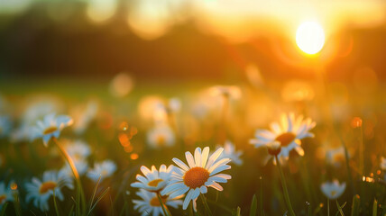 Wall Mural - idyllic daisy bloom abstract soft focus sunset field landscape of white flowers blur grass meadow warm golden hour sunset sunrise time tranquil spring summer nature closeup bokeh forest background