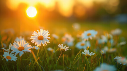 Wall Mural - idyllic daisy bloom abstract soft focus sunset field landscape of white flowers blur grass meadow warm golden hour sunset sunrise time tranquil spring summer nature closeup bokeh forest background