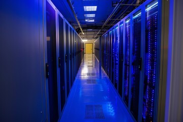 Poster - A spacious hallway inside a data center with rows of servers.