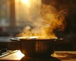 A pot of dashi at dawn its steam mingling with the morning light