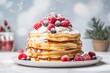 Hearty pancakes on a marble slab against a frosted glass background