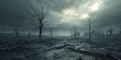 Wasteland landscape pattern, with silhouettes of dead trees, scattered debris, and distant ruins under a bleak sky, desolation of post-apocalyptic world created with Generative AI Technology