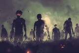 Fototapeta  - Apocalyptic Zombie Horde Illustration: Creepy Undead with Glowing Eyes