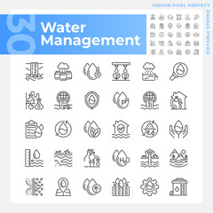 Poster - Water management linear icons set. Water industry. Groundwater. Water conservation. Customizable thin line symbols. Isolated vector outline illustrations. Editable stroke. Pixel perfect