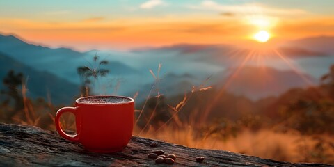 Canvas Print - A Serene Sunrise Moment with a Cup of Warm Coffee at a Scenic Mountain Overlook