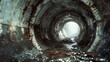 the interior of a dark and dirty white porcelain sewer drain pipe, realistic