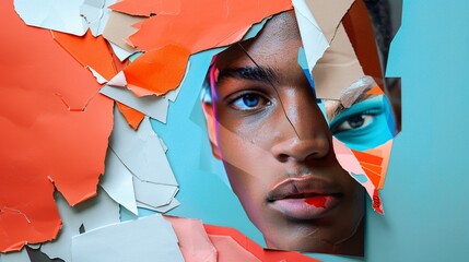 Wall Mural - a minimalist abstract collage portrait of a young man using trendy paper elements.