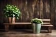 an ornate green potted plant on a wooden solid table with bench behind. 