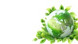 Fototapeta  - Globe with green continents surrounded by vibrant leaves against a white background. Eco Earth day, Sustainable Living, Recycling, Climate Change