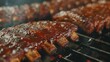 Close Up of Juicy BBQ Ribs in Smoker. Food, Grill, Cooking, Grilled, Smoked, Meat, Barbecue, Beef, Rib, Closeup, Delicious, Cook
