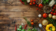 vegetables and cooking ingredients on a wooden table with top view