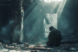 A soldier kneels in a broken or bombed building with a place for a test or inscriptions. war motif
