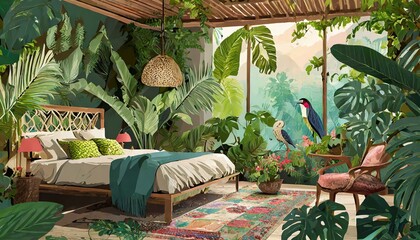  Enchanted Oasis: Cozy Bedroom with Jungle Fantasy Interior Design