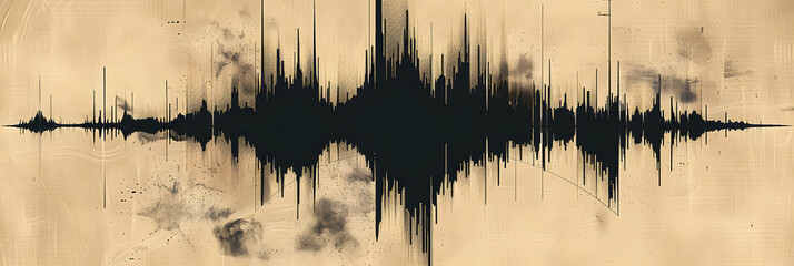 Vintage audio waveform graphic, background is beige, 80s hiphop style, grunge, grit, the waveform is dark, goes from left to right.