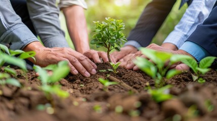 Wall Mural - Group of business professionals,likely from the same organization,are shown planting a small tree together in an outdoor setting The action symbolizes their shared commitment to environmental