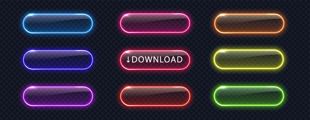 Wall Mural - glowing neon buttons for web design isolated on dark background. realistic light frame border collec