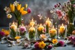 Arrangement with Floating Candles in Glass Holders Decorated with Fresh Spring Flowers. Celebration spring holiday