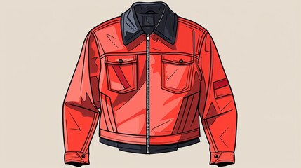 Wall Mural - A flat technical drawing of a zip work trucker jacket, suitable for men or unisex fashion, including streetwear and workwear, presented as a collared mock-up illustration
