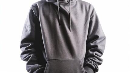 A gray hoodie template, featuring a long sleeve with a clipping path for design mockups, isolated on a white background