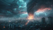 A digital artwork of a tornado hitting a cityscape at night with lighting illuminating the stormy sky and debris being pulled into the swirling vortex.