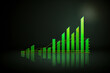 © Tixel - Glowing green bars rising in a 3D graph, symbolizing growth or progress on a dark reflective surface