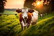 A dairy cow in a filed of farmland grazing on lush green grass at sunset. 