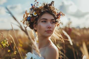 Wall Mural - female in an outdoor setting with floral headbands