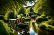 A moored barge rests peacefully on a canal in the beautiful Welsh countryside. 