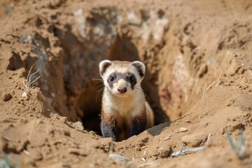 Wall Mural - ferret poking out of a sand burrow