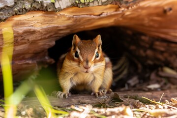 Poster - chipmunk at the entrance of a log hole
