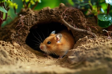 Wall Mural - hamster exploring a burrow in a habitat enclosure