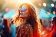 A young woman immersed in the euphoria of a music festival, captured during a vibrant sunset silhouette