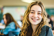 A delightful image of a young female student smiling brightly, taken in an educational setting with a classroom background
