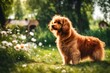 Beautiful young red-haired fluffy dog on a green lawn with flowers in the summer or in the spring with a beautiful blurred background. 