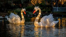 Two White Swan Lanterns On The Lake At Night.AI Generated Image
