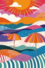 Wall Mural - Colorful summer wallpaper. Abstract illustration of a beach with umbrellas in summer. Beautiful holiday greetings card design.