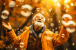 A happy individual in a yellow coat captures a feeling of joy amidst glittering soap bubbles in autumn