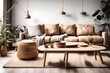 Modern wooden coffee table and cozy sofa with pillows. Living room interior and home decor concept 
