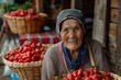 The kindly grandmother selling her baskets of strawberries with a gentle smile